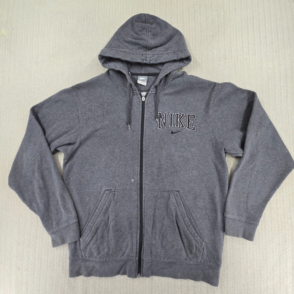 Vintage Nike Hoodie Sweatshirt‎ Mens Large Gray Fleece Full Zip Spellout Y2K